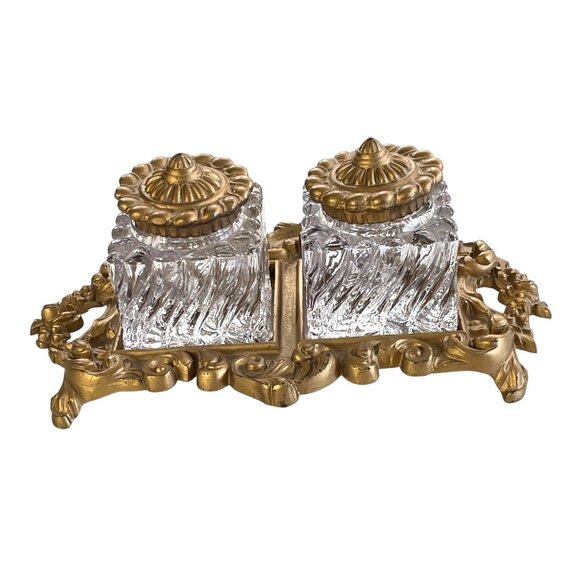 Antique Glass Double Inkwell Ornate Design Gold Finish Swirled Glass Jars *Read*